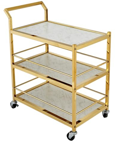 Yajuer Barwagen, Servierwagen für Die Hausbar, Industrieller Mobiler Barwagen, Getränkewagen mit 3 Ebenen, Verspiegelt, Mobil, für Küche und Esszimmer, Gold