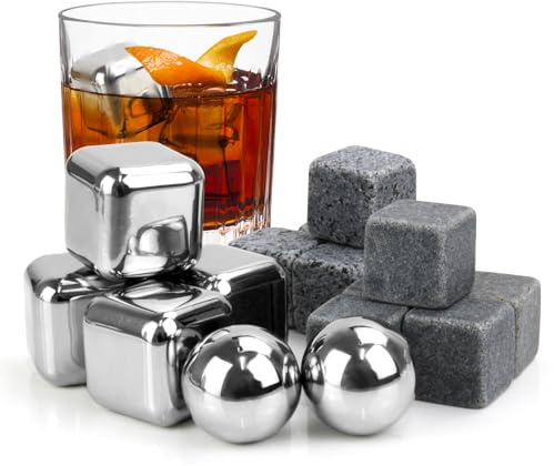 16 Pcs Whiskey Stones, Include Metal Ice Cube, Granite Stones, Whiskey Balls, Reusable Whiskey Stones Set for Wine Bourbon Whiskey Gifts for Men Dad Husband Boyfriend