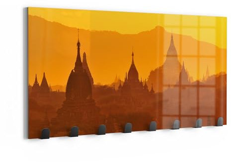 DEQORI Wandgarderobe Glas & Metall | Motiv Goldene Stupas | 60x30 cm | Design Haken-Leiste modern | Garderoben-Paneel für Flur, Wohnzimmer & Schlafzimmer | magnetisch & beschreibbar