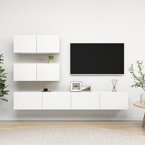 Iiaky Ensemble de Meuble TV 4 pcs Blanc Aggloméré,Meuble TV,Table Basse Salon Meuble TV,Table Basse LED Couleurs