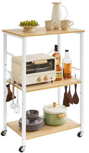 IBUYKE Kitchen Shelf Cart, 3-Tier Microwave Oven Stand, Baker’s Rack with Metal Frame and 8 Hooks, Industrial Printer Stand, Utility Standing Storage Shelf for Coffee Bar, Simple Assembly, TMJ023R