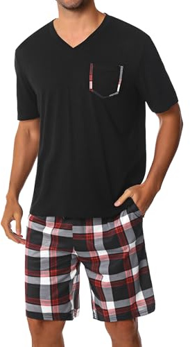 Uniexcosm Schlafanzug Herren Kurz Pyjama Set Baumwolle Zweiteiliger Kurzarm Nachtwäsche Oberteil und Karierte Kurze Hosen Sleepwear für Sommer A:Schwarz 4XL