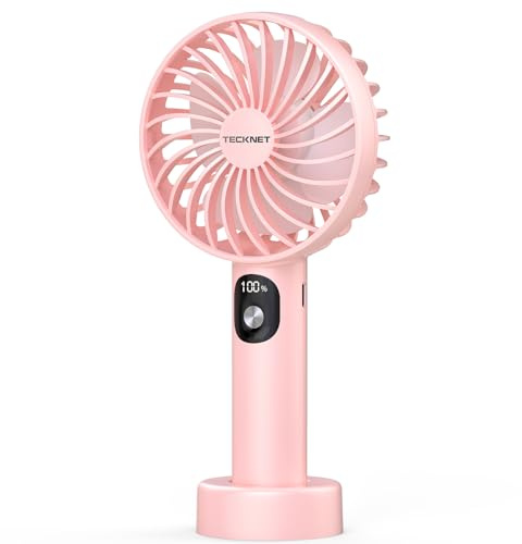 TECKNET Portable Handheld Fan, Rechargeable USB Hand Held Fan | Mini hand fan with LED Display, 3 Speed Battery Operated Detachable Base Cooling Desk fans for Home Office Bedroom Outdoor