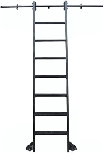 Schiebeleiter-Hardware-Kit mit schwarzem Rundrohr, mobile Leiterschienen, Rollensystem, Schiene, Bremse, Bodenräder und 488 cm Schienen-Set, ideal für Zuhause, Dachboden, 100 x 732 cm
