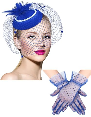 Geyoga 20s 50s Tea Party Hat Clip and Gloves Set Fascinator Hat for Women Funeral Pillbox Cocktail Clip with Veil(Blue)