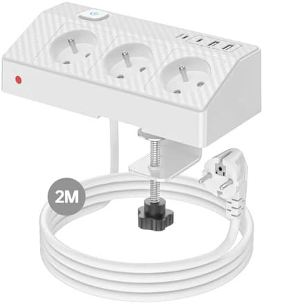 Multiprise Bureau PASSUS 7 en 1 Bloc Prise avec 3 Prises AC Françaises, 4 Ports USB (Dont USB-C PD 20W), Interrupteur,Protection Anti-Surtension,Câble 2m,4000W/16A Multiprise pour Maison et Bureau