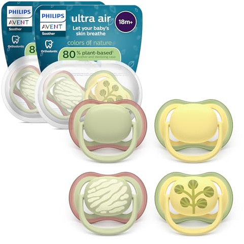 Philips Avent ultra air-nappar – ortodontisk design, för bebisar på 18+ månader, mjuk och symmetrisk silikonnapp, BPA-fri, med två steriliseringsfodral, 4-pack, SCF349/55