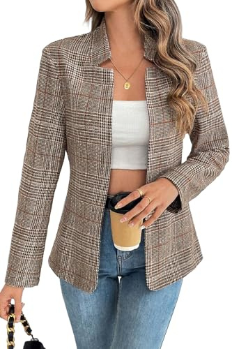 ELLEVEN Plaid Blazer for Women Tweed Fashion Trendy Boyfried Outfits for Work Business Casual Notch Collar Long Sleeve Houndstooth Suit Slim Fit Jacket Coat Brown Plaid X-Large
