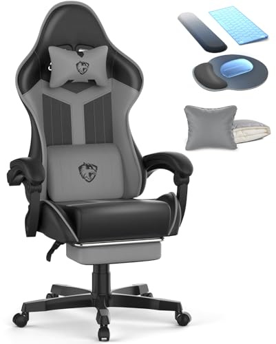 Soontrans Silla Gaming, Silla Gamer Ergonomica con Masajeador, Sillas Gaming con Reposapiés, Alfombrilla de ratón, Bandeja de Teclado, Cuero sintético, Altura Ajustable para Juegos(Ceniza&Negra)
