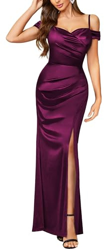 MIUSOL Women's Elegant Off-Shoulder High Split Satin Wedding Cocktail Party Ceremony Maxi Dress