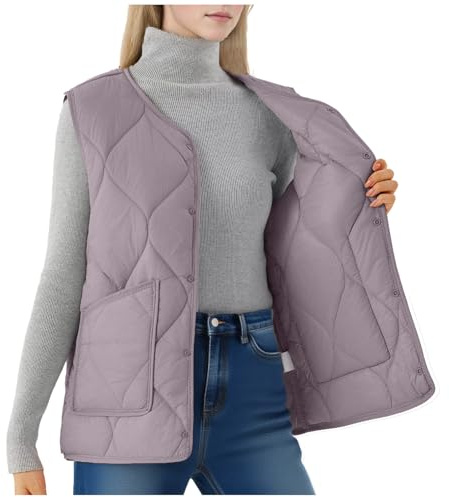 Purple Womens Gilets Sleeveless Down Coats UK Plus Size Thermal Jackets V Neck Buckle Down Vest Jacket Plain Colour Body Warmer with Pockets Outdoor Quilted Gilet Waistcoat, 5XL