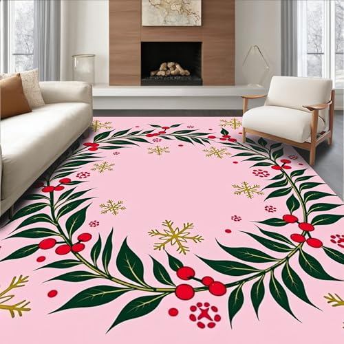 Design&I Flatwoven Area Rug 5x7 ft, Holly Berry Wreath Punch Needle Kit with Festive Snowflake Motifs, Machine Washable, Stain Resistant Indoor Rug for Living Room, Bedroom, Non Slip Decor (Pad)