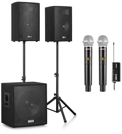 Vonyx VX1218BT Mobile PA Anlage Komplettset + 2 Mikrofone, Aktiv - Bluetooth, 1200 Watt DJ Boxen, Lautsprecher für Beschallung, 2X Speaker, 1x Subwoofer, Kabel, Stative