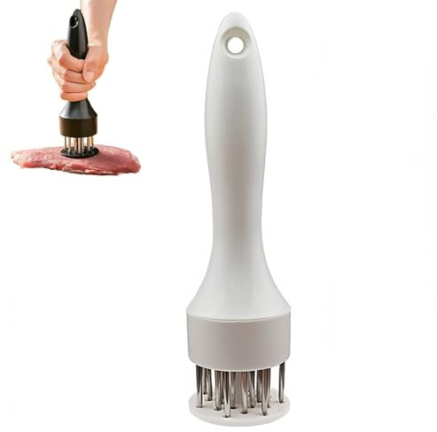 LVNEHAL Meat Tenderizer Needle, 21-Blade Meat Mallet with Ergonomic Handle | for Perfect Tenderising Steak, Beef, Pork, Chicken & Fish (White)