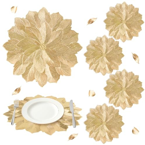 comfoyar Set di 6 Tovagliette Americane Oro Rotondo Fiore, Tovagliette Americane in Vinile Floreali 3D Antiscivolo Lavabili e Impermeabili per Cucina Decorazione, Tavola di Feste e Pranzi 38cm