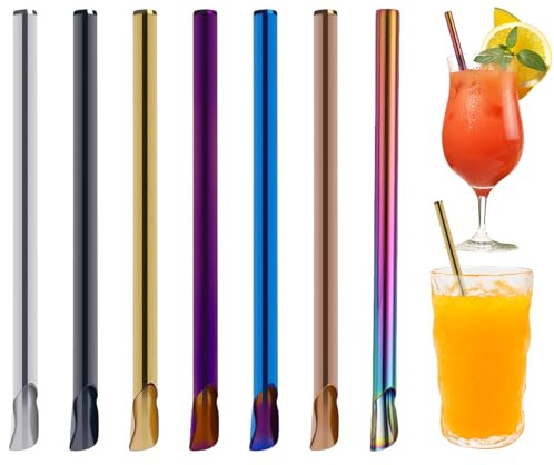 7 pajitas de cuchara dos en uno metal for beber, reutilizables, acero inoxidable, apertura ancha