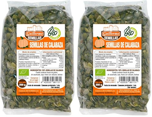 Guillermo | Pipas de calabaza BIO - Paquete 250 g. | 100% ecológicas | Semillas de calabaza | Superalimento | Gran cantidad de minerales (Paquete de 2)