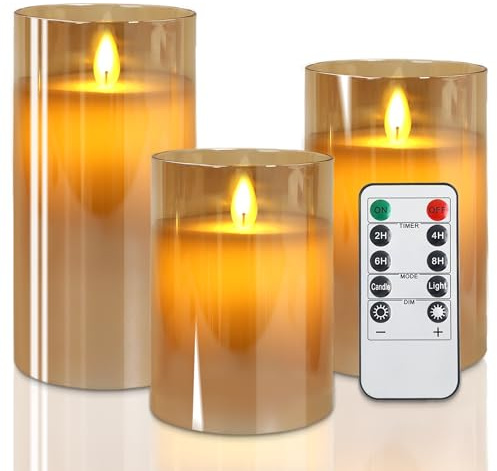 Led Flameless Candles, Battery Operated Flickering Candles Pillar Real Wax Moving Flame Electric Candle Sets Gold Glass Effect with Remote Timer, 4 in, 5 in, 6 in (Brown)