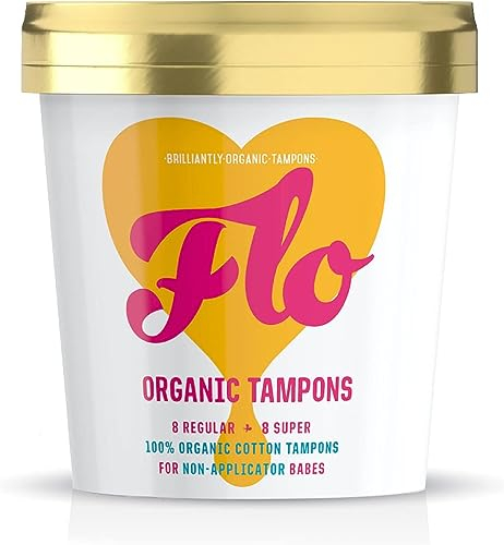 Flo Organic Cotton Non-Applicator Tampons Combo Pack – Absorbent, Soft – 8 Regular & 8 Super – 16 Count