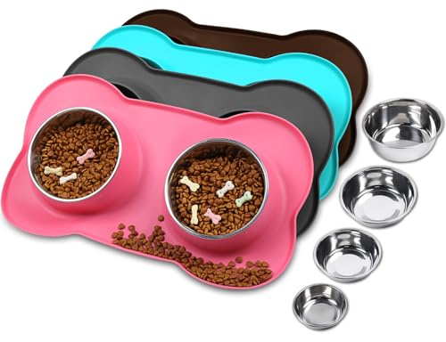 VIVAGLORY Dog Bowl Splashfree Pet Bowl, Dog Dish with Silicone Mat Placemat for Messy Eater, Double Stainless Steel Food Water Feeding Set Dishwasher Safe Spill Proof for Pet, XL, Pink