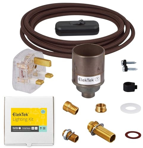 Premium-Lampen-Set, antikes Messing, schlichte E27-Lampenfassung mit rundem braunem Flex, Schalter und 3 A UK-Stecker