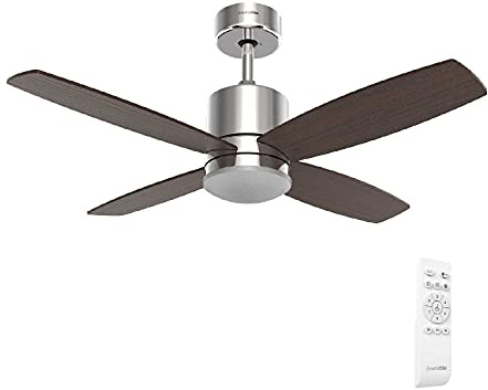 UNIVERSALBLUE | Ventilador de techo con luz LED | Color inox | Ventilador silencioso con Motor DC | Mando a Distancia | 4 Aspas | Diámetro 122 cm | Temporizador | 6 Velocidades |