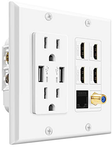 TNP Multimedia Outlet Box (Bianco) - Presa HDMI a muro con ricarica USB, caricatore USB a muro e presa di corrente 15A, 4 porte HDMI, 1 porta Ethernet Cat6 RJ45, presa cavo coassiale, jack Keystone