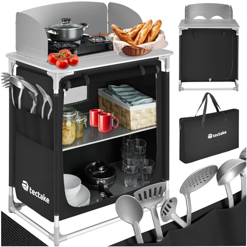 tectake Camping Kitchen, Versatile, Collapsible with Heat-resistant Work Plate, Wind Protection, Closable Storage Compartment, in Stainless Aluminum Frame, High Stability, Carrying Case - Black