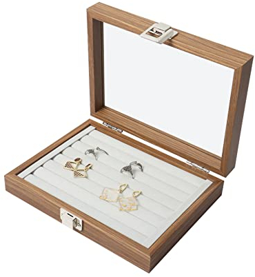 Nwvuop Velvet Jewellery Ring Organizer Tray with Glass Lid 7 Slots Ring Display Tray Wooden Jewellery Storage Box for Ring Earring Grey