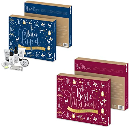 itenga Adventskalender Set für Frauen und Männer I Beste Mama und Bester Papa rot blau gold I aus Karton zum Aufhängen I gefüllt I 24 Überraschungen