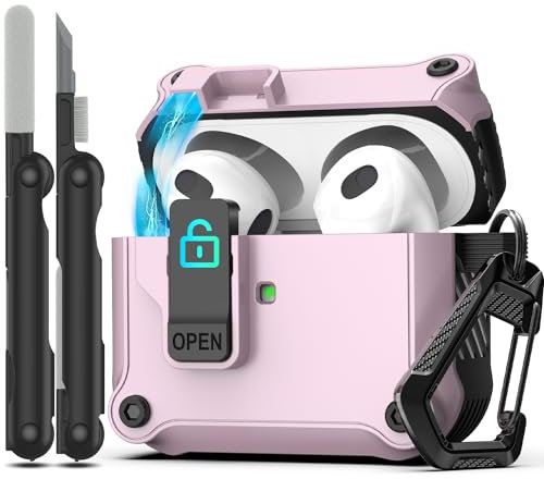 RFUNGUANGO Funda para Airpods de 3ª generación con Clip de Bloqueo Seguro, Protector de Carcasa Dura a Prueba de Golpes,Compatible con Apple AirPod de 3,Morado