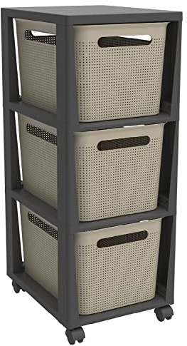 Rotho Brisen Schubladen Organizer 3 x 16 L Schubladenbox mit Rollen Beige | Schublade im Rollwagen, 3 herausnehmbare Boxen, Rollen, einfache Montage, leicht zu reinigen, je 16 L Volumen für Ordnung