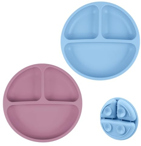 Vicloon Assiettes en Silicone avec Ventouse pour Bébé,2PCS Assiette Ventouse Pour Bébé, Pour les tout-petits et l'auto-alimentation- Passe Au Lave-vaisselle et Au Micro-ondes(Rose Foncé/Gris Bleu)