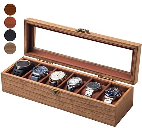 Exper City Watch Box for Men and Women - Large Glass Lid, Wooden Display Storage Case With 6 Slots, Retro Burlywood Organizer