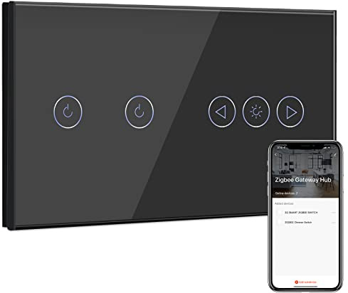 BSEED ZigBee Interruptor de Pared con Interruptor de Atenuador Negro,2 Gang 1 Vía Interruptor WiFi,compatible con Alexa y Google Home,Control de APP y Función de Temporizador(Gateway Hub Requerido)