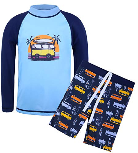 HUAANIUE Garçons Enfants Maillot de Bain 2 Pièces Anti-UV UPF 50+ Enfants Garçons Plage Combinaison de Bain à Manches Longues 4-14 Ans (S245-Voiture Bleue, 4-5 Ans)
