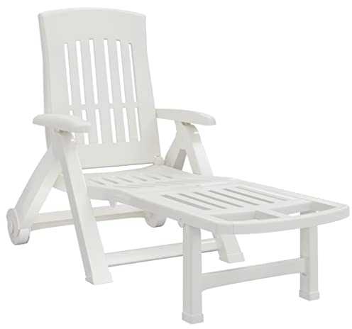 Tidyard Klappliege mit Rollen Sonnenliege Gartenmöbel Gartenliege Strandliege Freizeitliege Liegestuhl Relaxliege Strandstuhl Verstellbare Rückenlehne in 5 Positionen verstellen Polypropylen Weiß