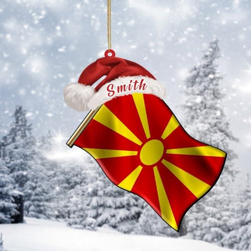 Acryl Merry Christmas Nation Flaggen Ornamente, individueller Name Mazedonien Flagge Ornamente Dekoration für Weihnachtsbaumkugeln Strumpffüller Hängendes Andenken Weihnachten Neujahr Gedenkstätte