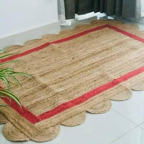 Jaipur Art And Craft Natürlicher Jute-Jakobsmuschel-Design, Beige mit rotem Rand, handgewebter indischer Deko-Teppich– (2x8 Quadratfuß)