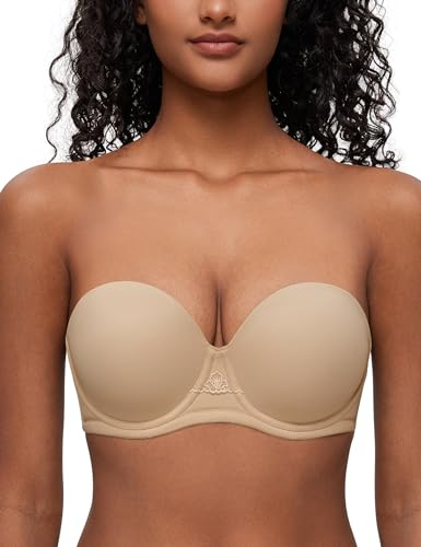 Deyllo Women's Strapless Bra Padded Cup Push Up Plus Size Full Coverage Underwire Support(Nude,38C)