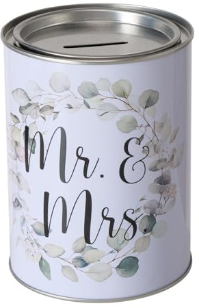 Eukana Spardose Sparschwein mit Schriftzug Mr & Mrs - Deckel Abnehmbar - Grau Wiederverwendbar Metall Sparbüchse Geldgeschenk Geschenkidee Geldspardose Metallspardose 14 x 10 cm