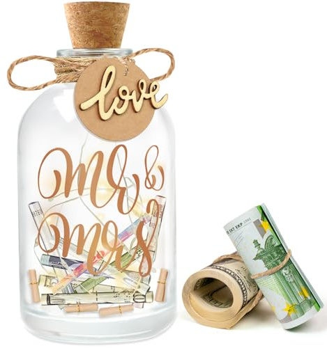 Geldgeschenke Hochzeit Verpackungen, LED Flaschenlicht Hochzeit Spardose Personalisiert, Hochzeitsgeschenke Geld Leuchtflasche für brautpaar (Mr & Mrs)