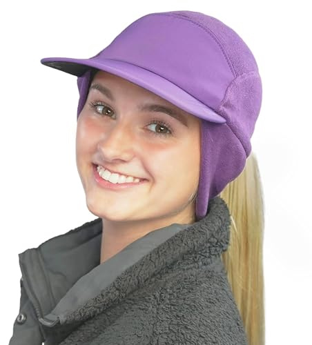 TrailHeads Pferdeschwanz-Mütze, Fleece-Beanie für Damen, Wintermütze mit Visier, warme Mützen für Damen, Laufmütze, Wintergolf, Violett, Einheitsgröße