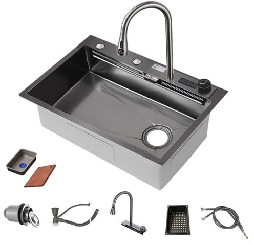Lavandino da Cucina a 1 vasca, Lavabo Cucina da Appoggio, Lavello ad Incasso Filotop Sottotop con display digitale in rilievo Rubinetti a cascata tagliere Con Kit di Scarico