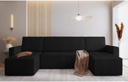 Easy4You Schwarz Ecksofa Mimir Kord in U-Form 303 x 80 x 145 cm mit Schlaffunktion und Bettzeugbehälter - Schlafsofa mit Bettkasten - Eckcouch mit Stauraum - Stoff: POSO 135