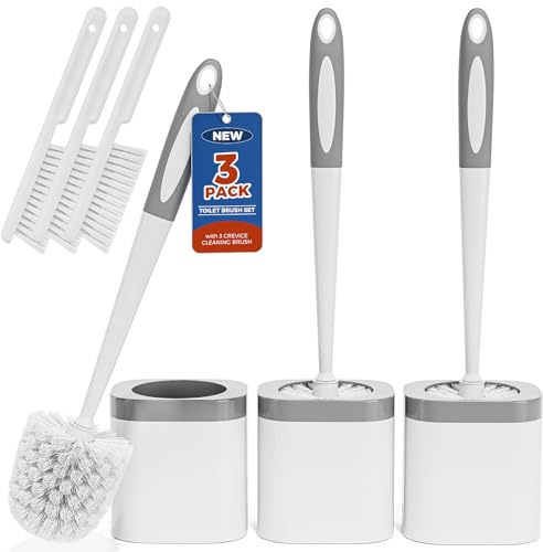 Holaloha Toilet Brush, 3 Pack Toilet Brush and Holder Set Bathroom Accessories, Toilet Bowl Brush and Holder with 3 Crevice Brush for Bathroom, Toilet Scrubber Brush (White)