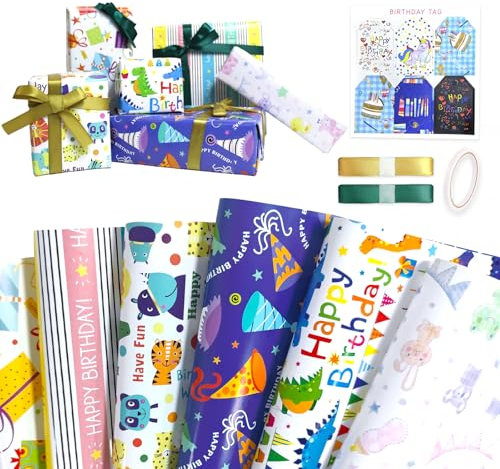 Niviy Geschenkpapier Schulkind Einschulung 70x50CM Geburtstag Geschenkverpackung,6 Blatt Dino Tierwelt Geburtstagshut Cartoon Design,mit Anhängern,Klebeband und Band,Schulanfang Deko Junge Mädchen