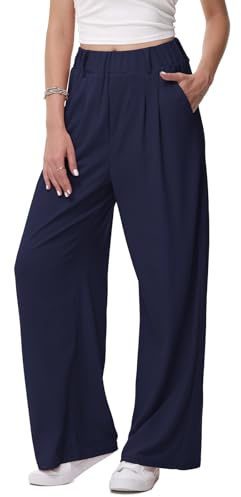 HMIYA Weite Hosen Damen-Bügelfreie Lässig Leichte Stoffhose Locker Palazzo Hose Hohe Taille Sommer Freizeithose mit Tasche,Navy,XXL/32L