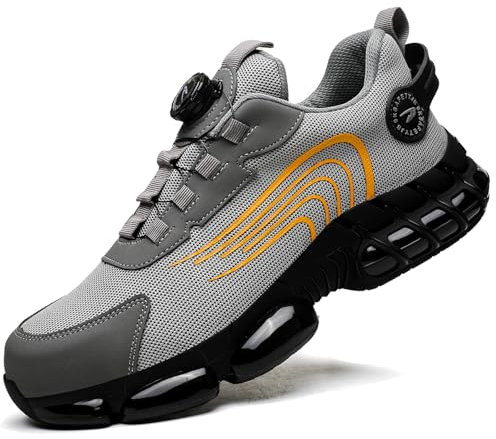 GemChve Arbeitsschuhe Sicherheitsschuhe Herren Damen Stahlkappen Anti-Smashing Leicht Sportlich Atmungsaktiv Selbsthemmend Schnellverschluss Mode Schutzschuhe Grey 43 EU