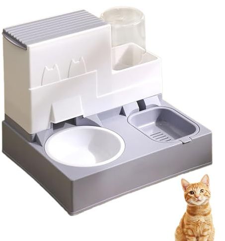 2 en 1 Distributeur Croquettes Chat, Distributeur Automatique de Nourriture par Gravité, avec Bol de Nourriture pour Animaux, Facile à Nettoyer, Facile à Nettoyer (A Gris)